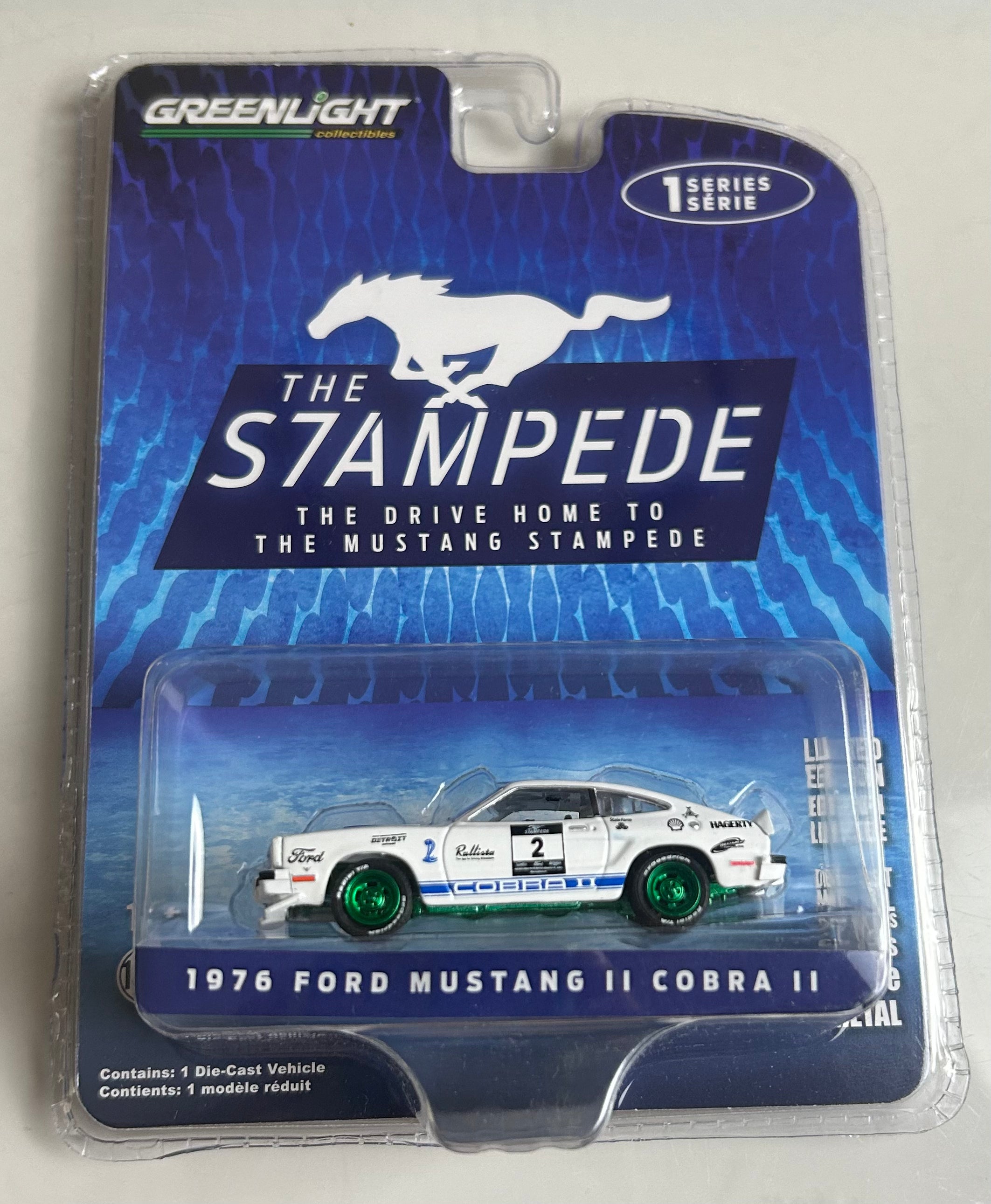 1/64 1976 FORD MUSTANG II COBRA II - THE STAMPEDE "CHASE" (GREEN RIMS VARIATION)