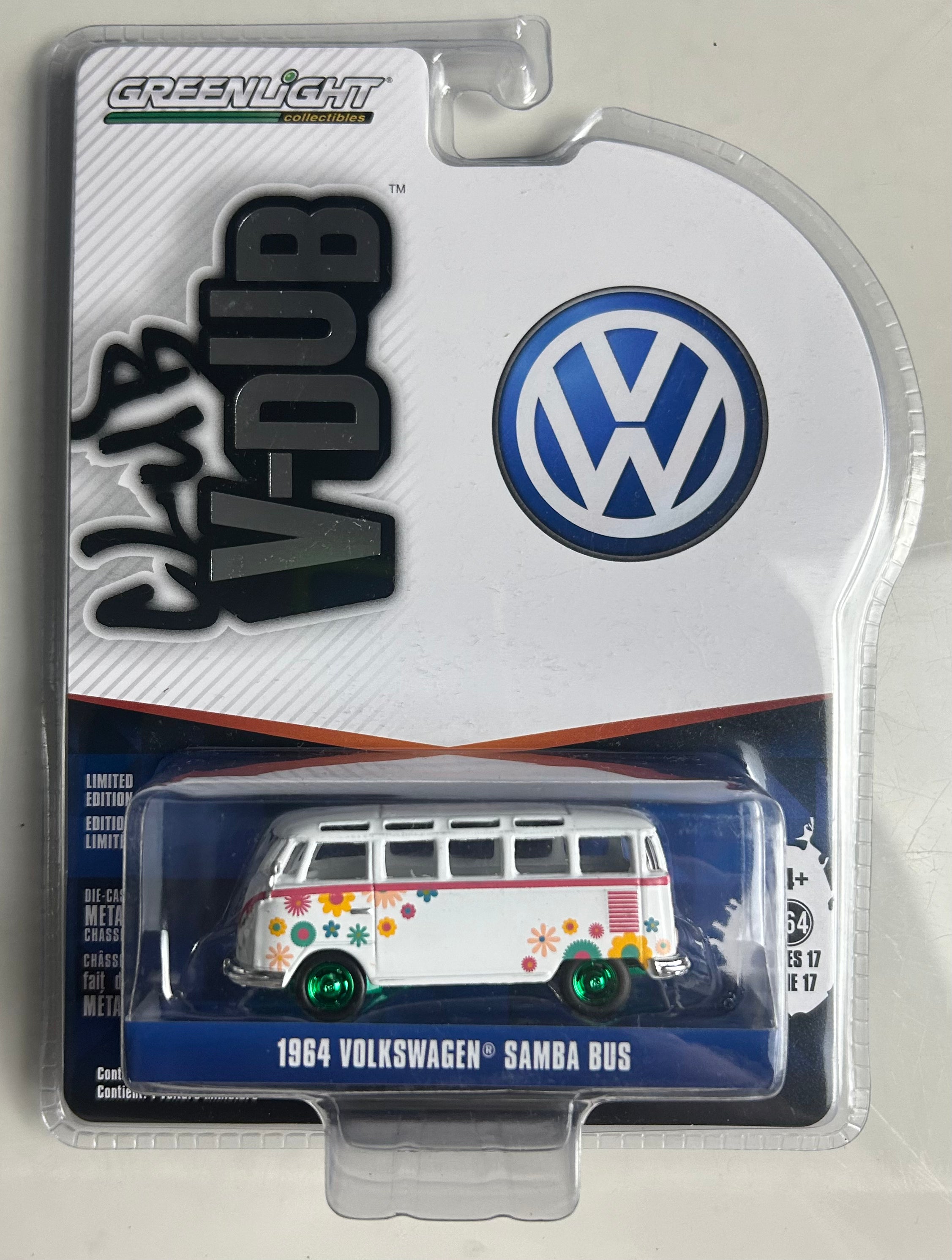 1/64 1964 VOLKSWAGEN SAMBA BUS WHITE W/FLOWERS POWER GRAPHICS "CHASE" (GREEN RIMS VARIATION)