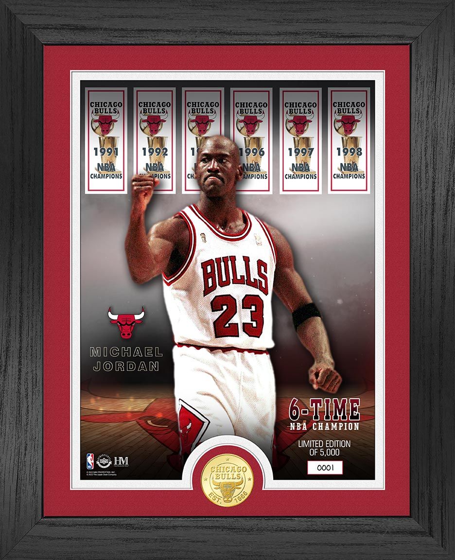 MONEDA DE BRONCE CON FOTO DE MICHAEL JORDAN, 6 VECES CAMPEÓN DE LA NBA, BANNERS