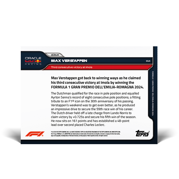 TARJETA COLECCIONABLE DE FÓRMULA 1 N.° 14 DE MAX VERSTAPEN DE TOPPS NOW 2024