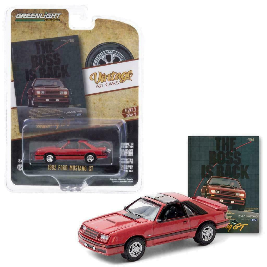 1/64 GREENLIGHT 1982 FORD MUSTANG GT - VINTAGE AD CARS COLLECTIBLE