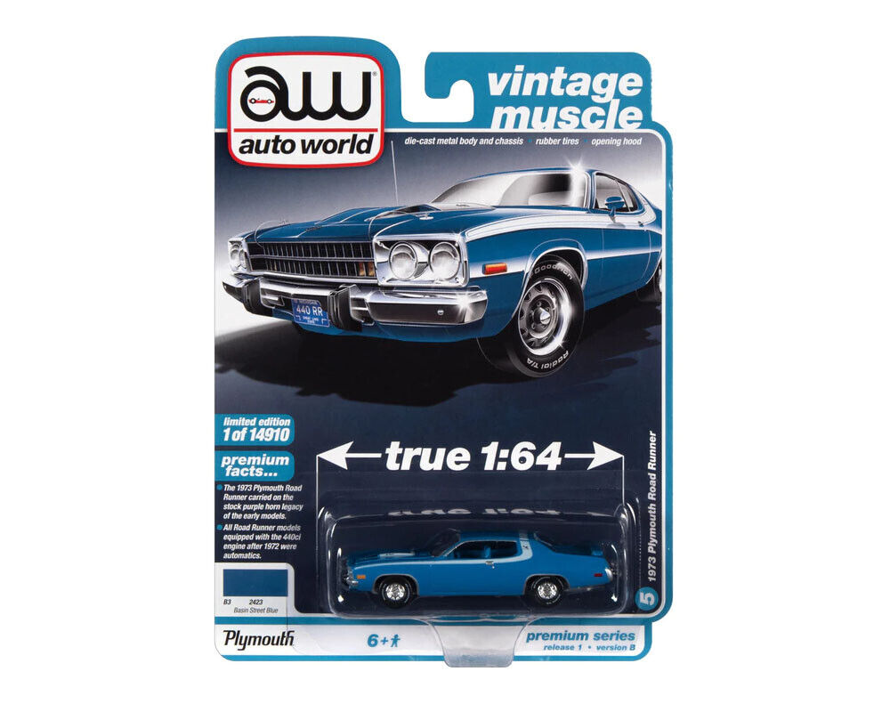 1/64 1973 PLYMOUTH ROAD RUNNER 440 BASIN STREET BLUE - VINTAGE MUSCLE