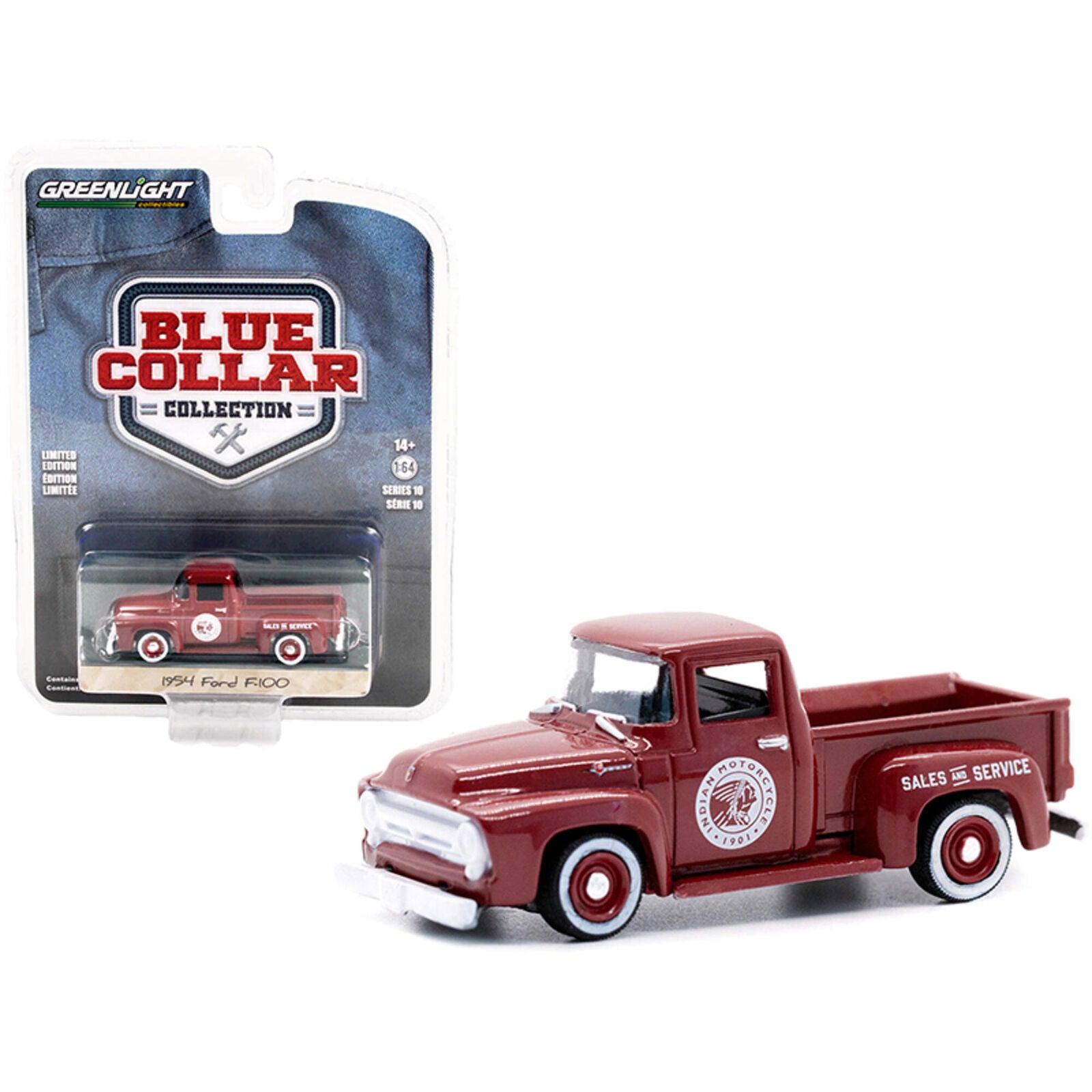 1/64 1954 FORD F-100 PICK UP TRUCK BURGUNDY "INDIAN MOTORCYCLE SALES & SERVICE" - BLUE COLLAR COLLECTION