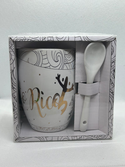 TAZA CON CUCHARA - BLANCO CON LETRAS ORO