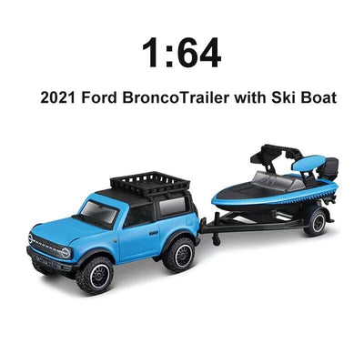 1/64 MAISTO 2021 FORD BRONCO / REMOLQUE CON LANCHA PARA ESQUÍ - REMOLQUE Y DESPLAZAMIENTO