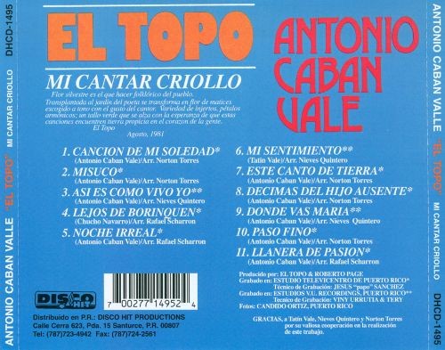 CD de Antonio Caban Vale Titulo Mi Cantar Criollo