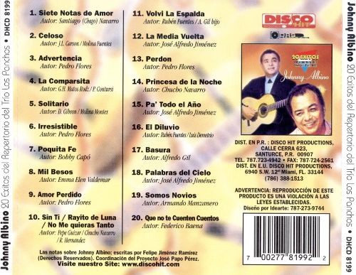 CD de Johnny Albino - 20 Exitos repertorio Los Panchos