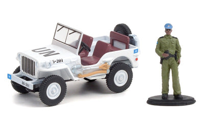 FIGURA DEL JEEP WILLYS MB 1942 CON AGENTE DE SEGURIDAD A ESCALA 1/64 - THE HOBBY SHOP SERIE 11