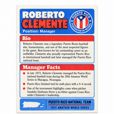 ROBERTO CLEMENTE BASEBALL PUERTO RICO   TRADING CARD / TARJETA DEPORTIVA ROBERTO CLEMENTE PUERTO RICO.