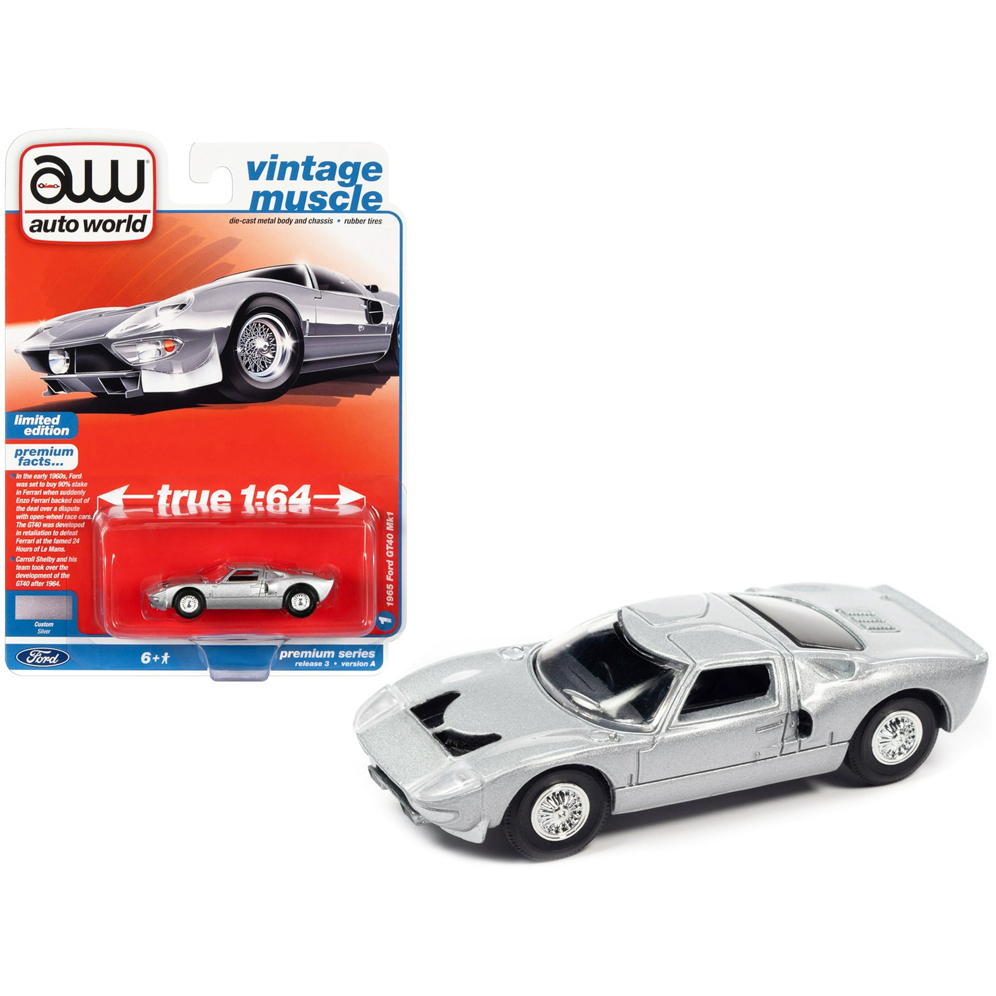 1/64 1965 FORD GT40 MK1 SILVER METALLIC - VINTAGE MUSCLE