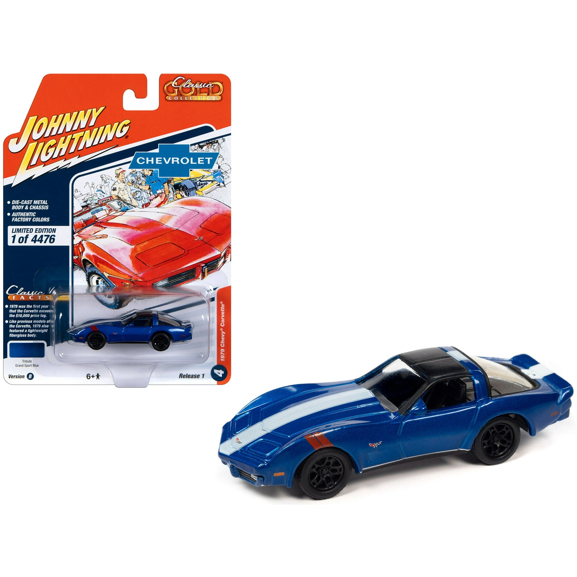 1/64 1979 CHEVY CORVETTE SPORT BLUE METALLIC W/WHITE STRIPE AND BLACK TOP - JOHNNY LIGHTNING CLASSIC GOLD COLLECTION
