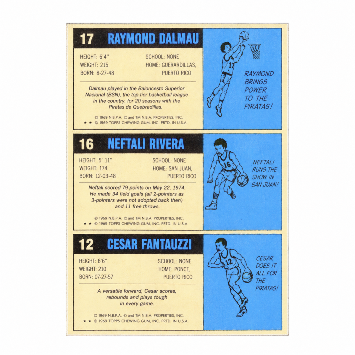 PIRATAS DE QUEBRADILLA BASKETBAL TRADING CARD RAYMOND DALMAU, NEFTALI RIVERA, CESAR FANTAUZZI / TARJETA DEPORTIVA BALONCESTO SUPERIOR NACIONAL DE PUERTO RICO PIRATAS DE QUEBRADILLA RAYMOND DALMAU, NEFTALI RIVERA, CESAR FANTAUZZI