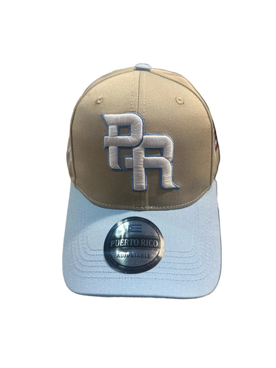 GORRA DE PUERTO RICO - 
BEIGE CON AZUL CLARO (BABY BLUE).