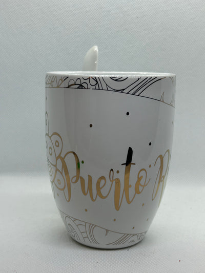 TAZA CON CUCHARA - BLANCO CON LETRAS ORO