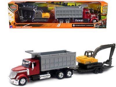 CAMIÓN VOLQUETE Y EXCAVADORA INTERNATIONAL LONESTAR CON REMOLQUE DE PLATAFORMA - CAMIONERO DE LARGA DISTANCIA 