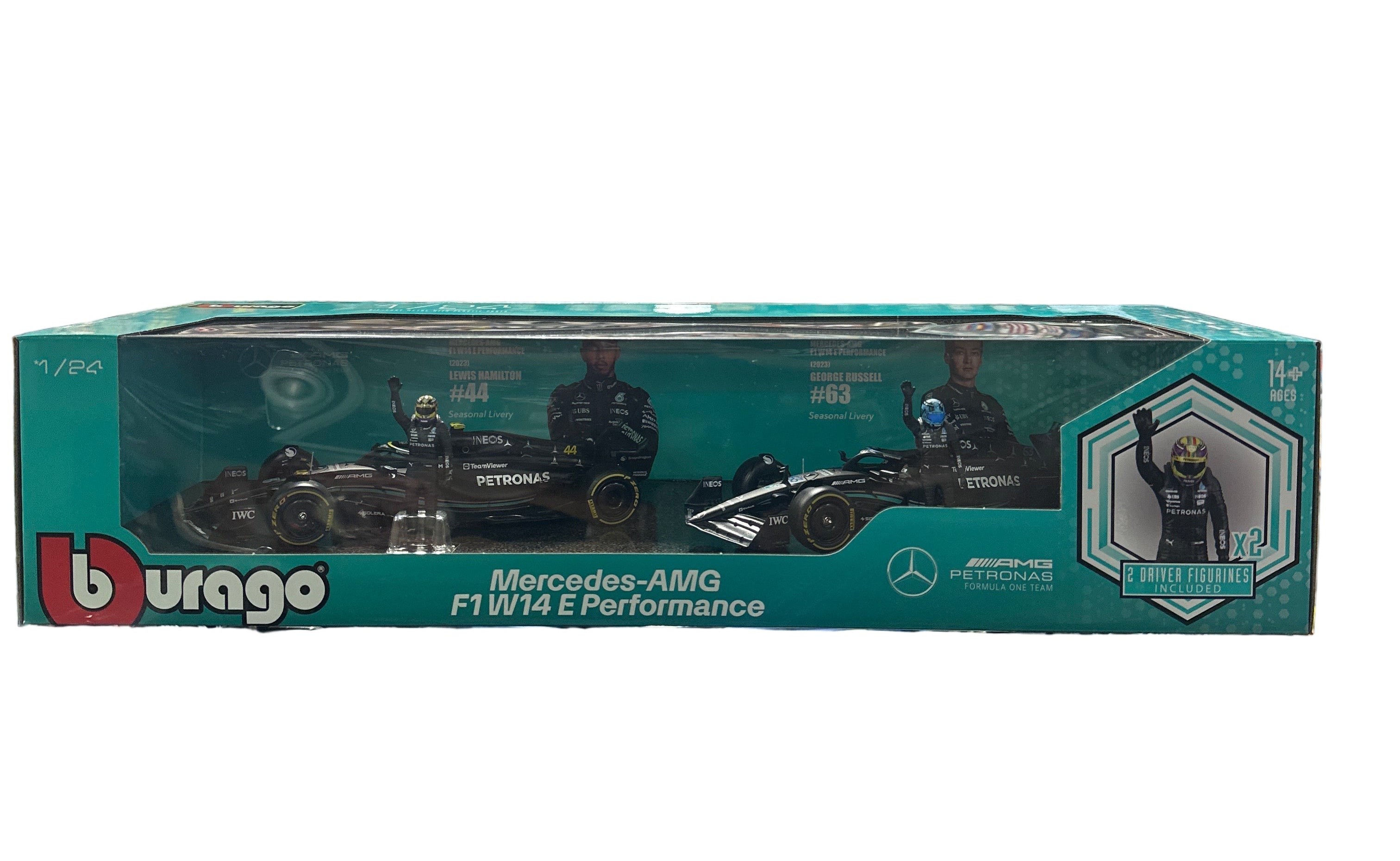 1:24 FORMULA SET (2 CARS) MERCEDES-AMG F1 W14 E PERFORMANCE WITH GEORGE RUSSELL  & LEWIS HAMILTON  FIGURINES - BURAGO.