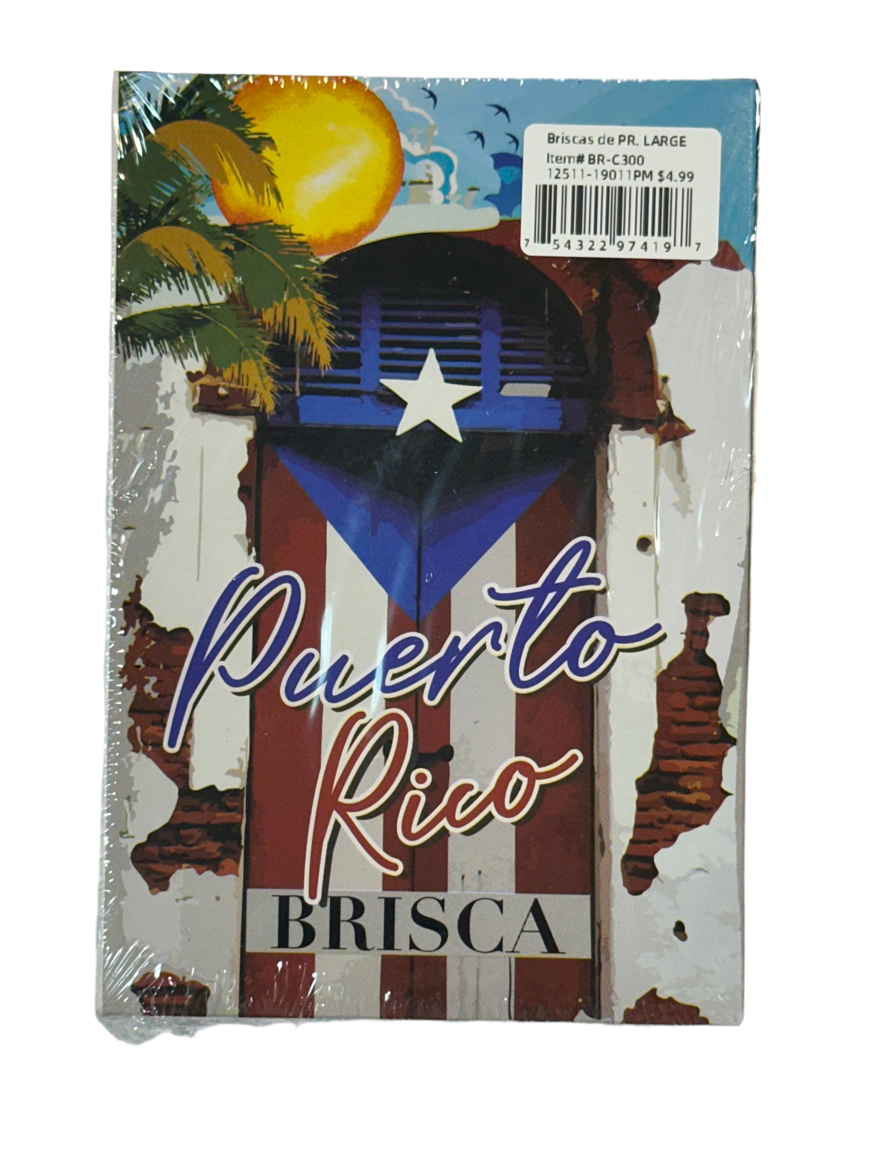 BARAJA DE NAIPES BRISCAS CON DISEÑO DE PUERTA CON BANDERA DE PUERTO RICO - GRANDE 4” X 5.5”