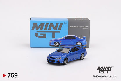 1/64 NISSAN SKYLINE GT-R (R34) V-SPEC BAYSIDE BLUE - MINI GT