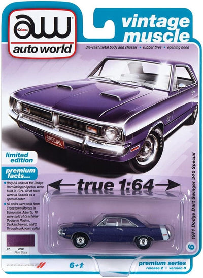 1/64 1971 DODGE DART SWINGER 340 SPECIAL PURPLE CRAZY PURPLE METALLIC - MÚSCULO VINTAGE