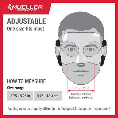 MUELLER Sports Medicine - Protector facial, protector nasal para deportes, mascarilla ajustable con relleno de espuma para hombres y mujeres, talla única, transparente 680011