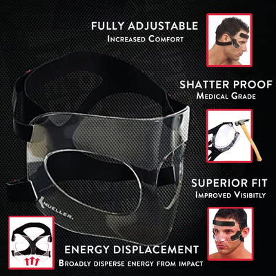 MUELLER Sports Medicine - Protector facial, protector nasal para deportes, mascarilla ajustable con relleno de espuma para hombres y mujeres, talla única, transparente 680011