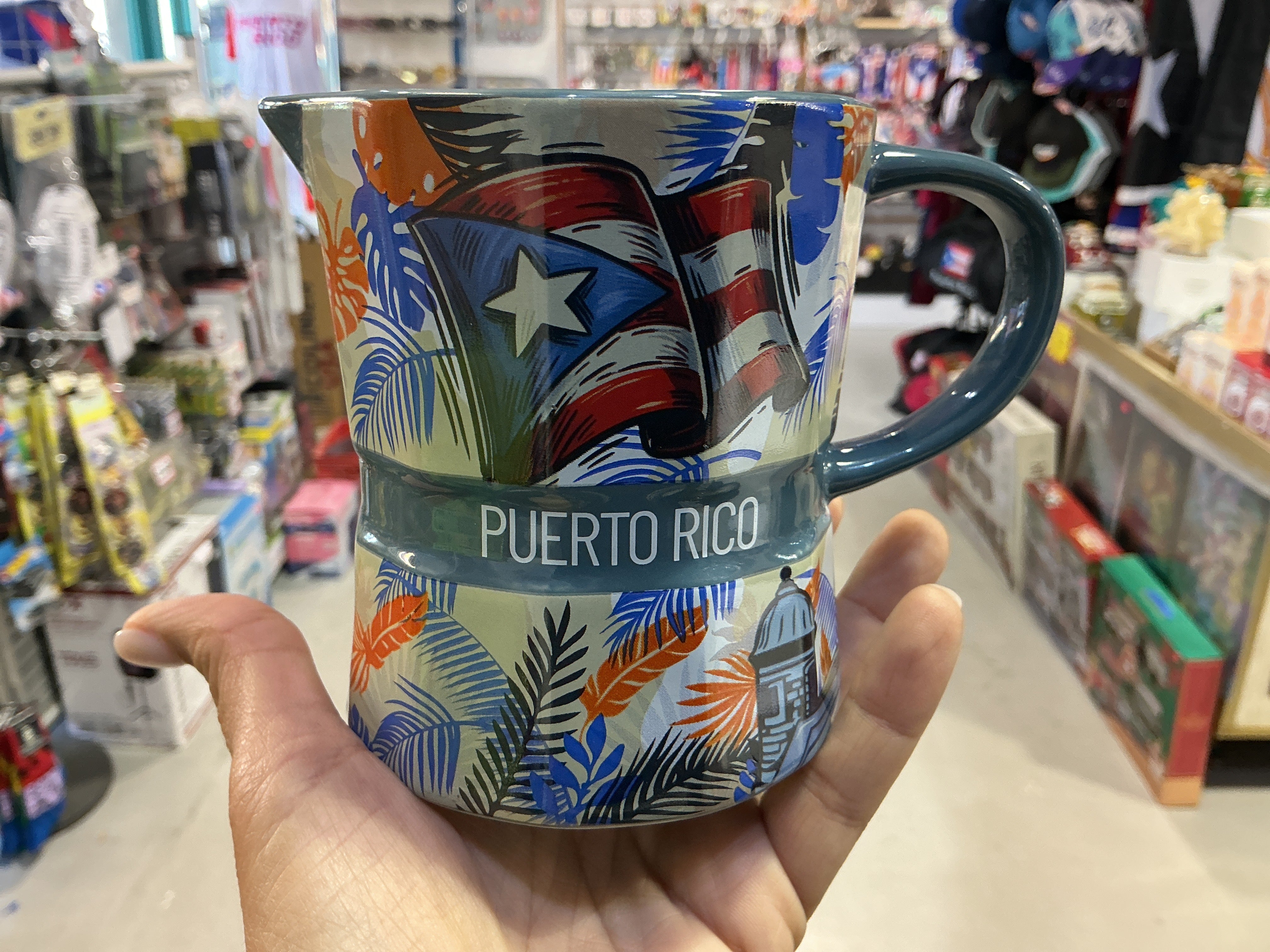 TAZA GRECA/ AZUL CON BANDERA Y GARITA AZUL