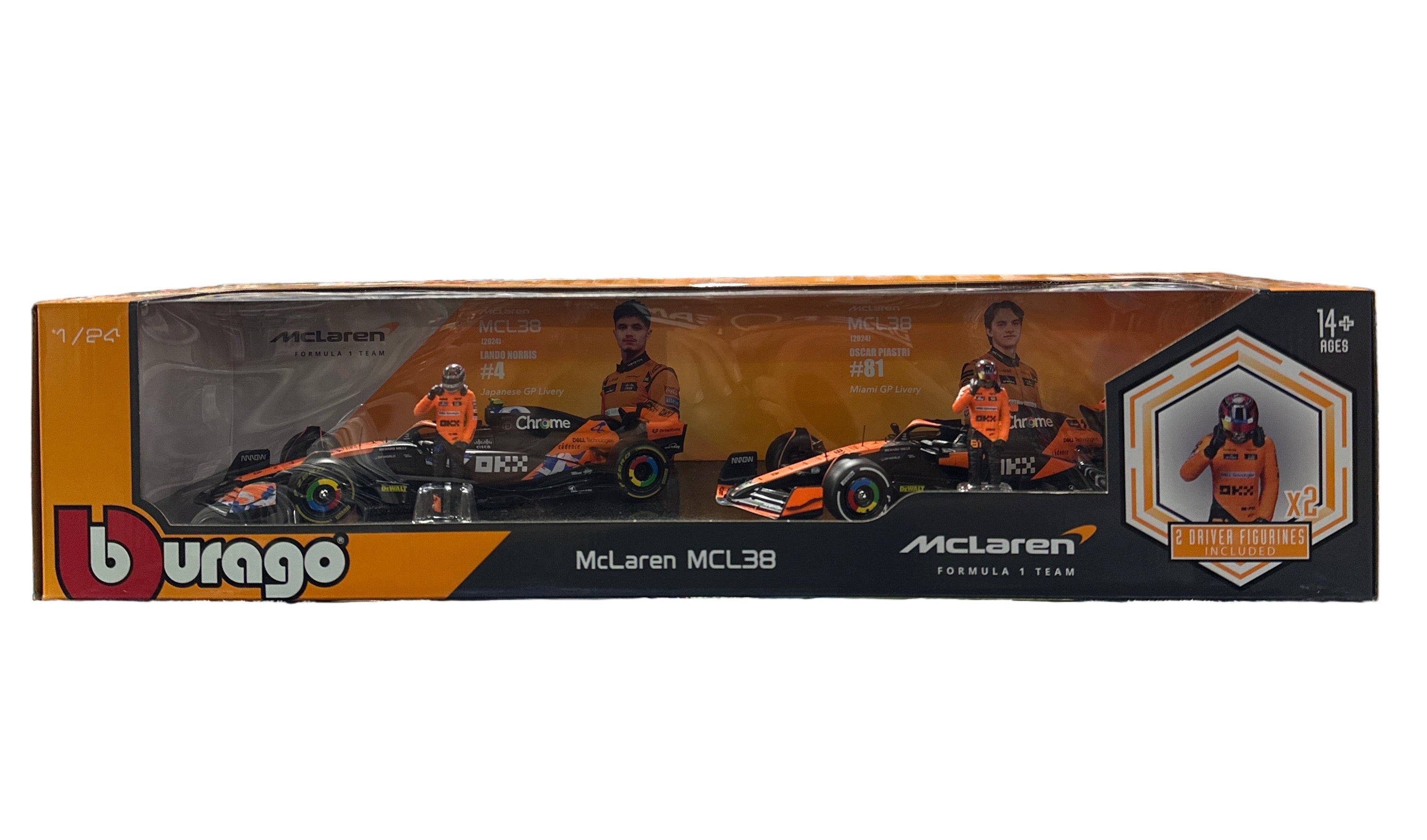 1:24 FORMULA SET (2 CARS) MCLAREN MCL38 WITH OSCAR PIASTRI & LANDO NORRIS  FIGURINES - BURAGO.