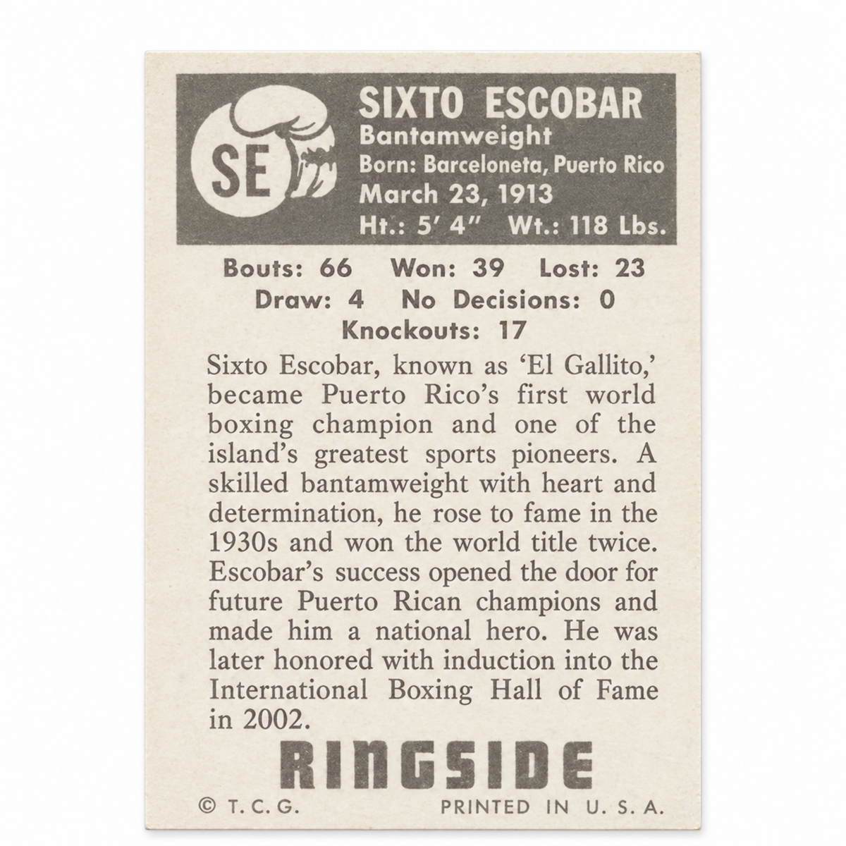 SIXTO ESCOBAR BOXING TRADING CARD / TARJETA COLECCIONABLE BOXEADOR SIXTO ESCOBAR DE PUERTO RICO