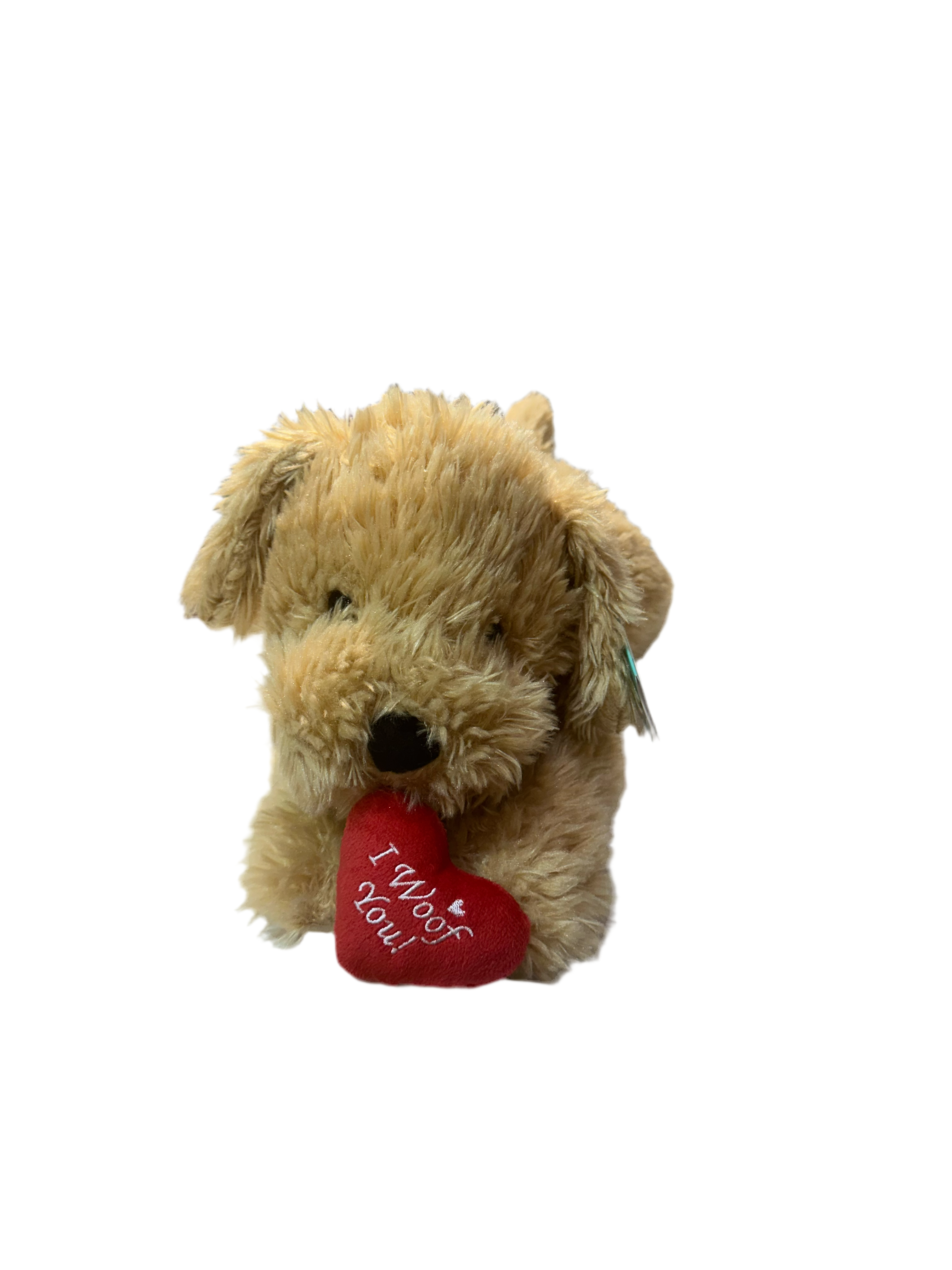 PLUSH DOG WITH HEART IN MOUTH.