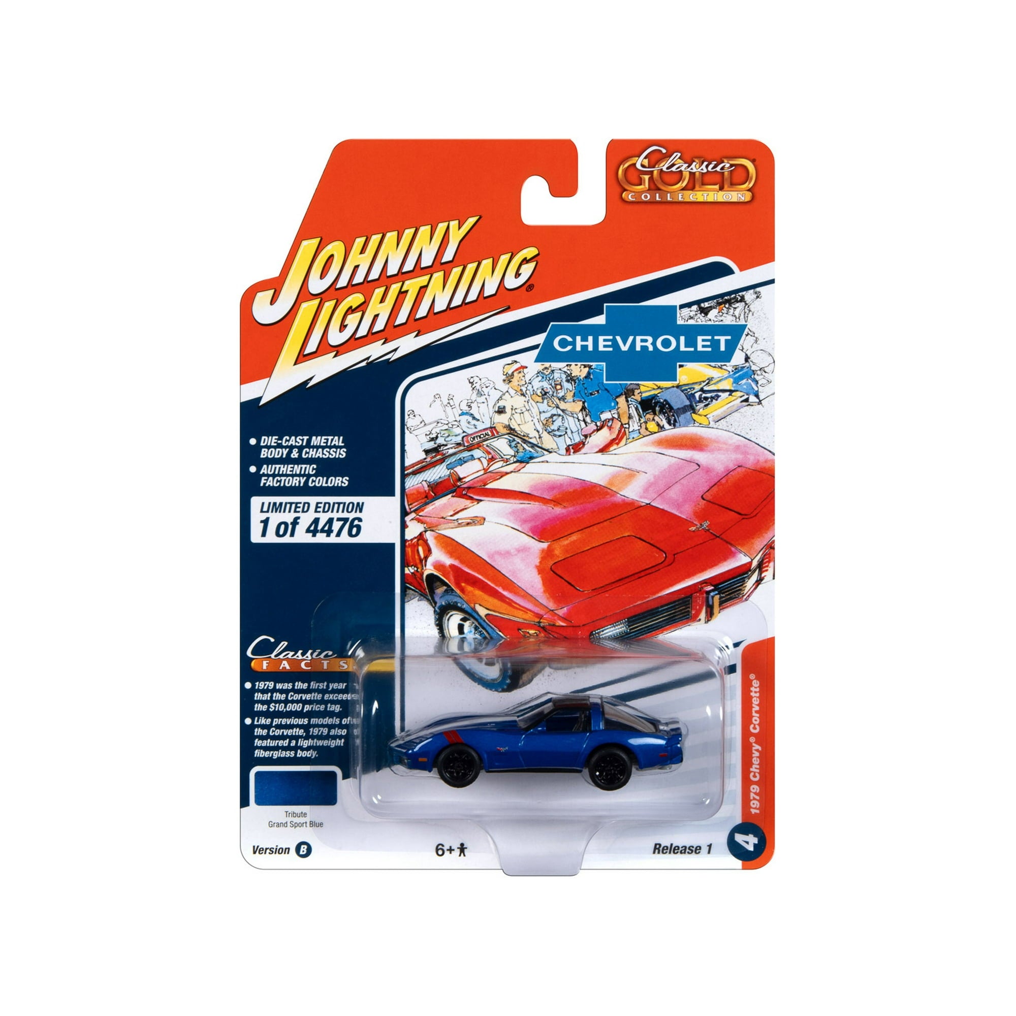 1/64 1979 CHEVY CORVETTE SPORT BLUE METALLIC W/WHITE STRIPE AND BLACK TOP - JOHNNY LIGHTNING CLASSIC GOLD COLLECTION