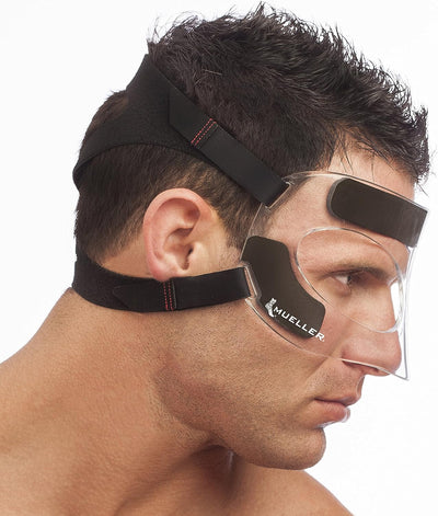 MUELLER Sports Medicine - Protector facial, protector nasal para deportes, mascarilla ajustable con relleno de espuma para hombres y mujeres, talla única, transparente 680011
