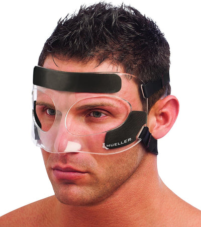 MUELLER Sports Medicine - Protector facial, protector nasal para deportes, mascarilla ajustable con relleno de espuma para hombres y mujeres, talla única, transparente 680011