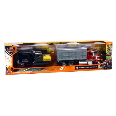 CAMIÓN VOLQUETE Y EXCAVADORA INTERNATIONAL LONESTAR CON REMOLQUE DE PLATAFORMA - CAMIONERO DE LARGA DISTANCIA 