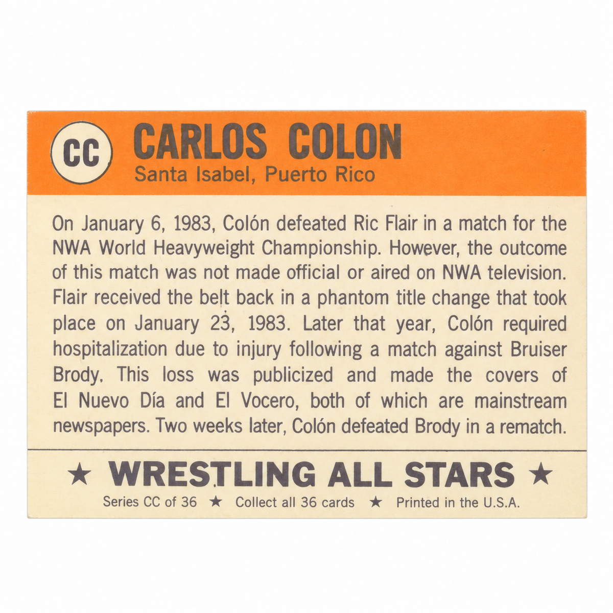 CARLOS COLON WRESTLING TRADING CARD / TARJETA COLECCIONABLE DE CARLITOS COLON