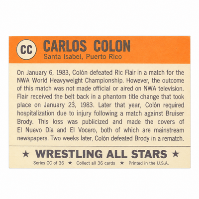 CARLOS COLON WRESTLING TRADING CARD / TARJETA COLECCIONABLE DE CARLITOS COLON
