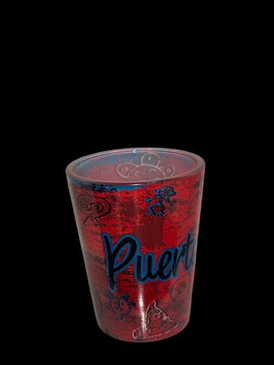 VASO DE CHUPITO DE 3" CON FONDO ROJO DE PUERTO RICO Y SÍMBOLOS DE PUERTO RICO