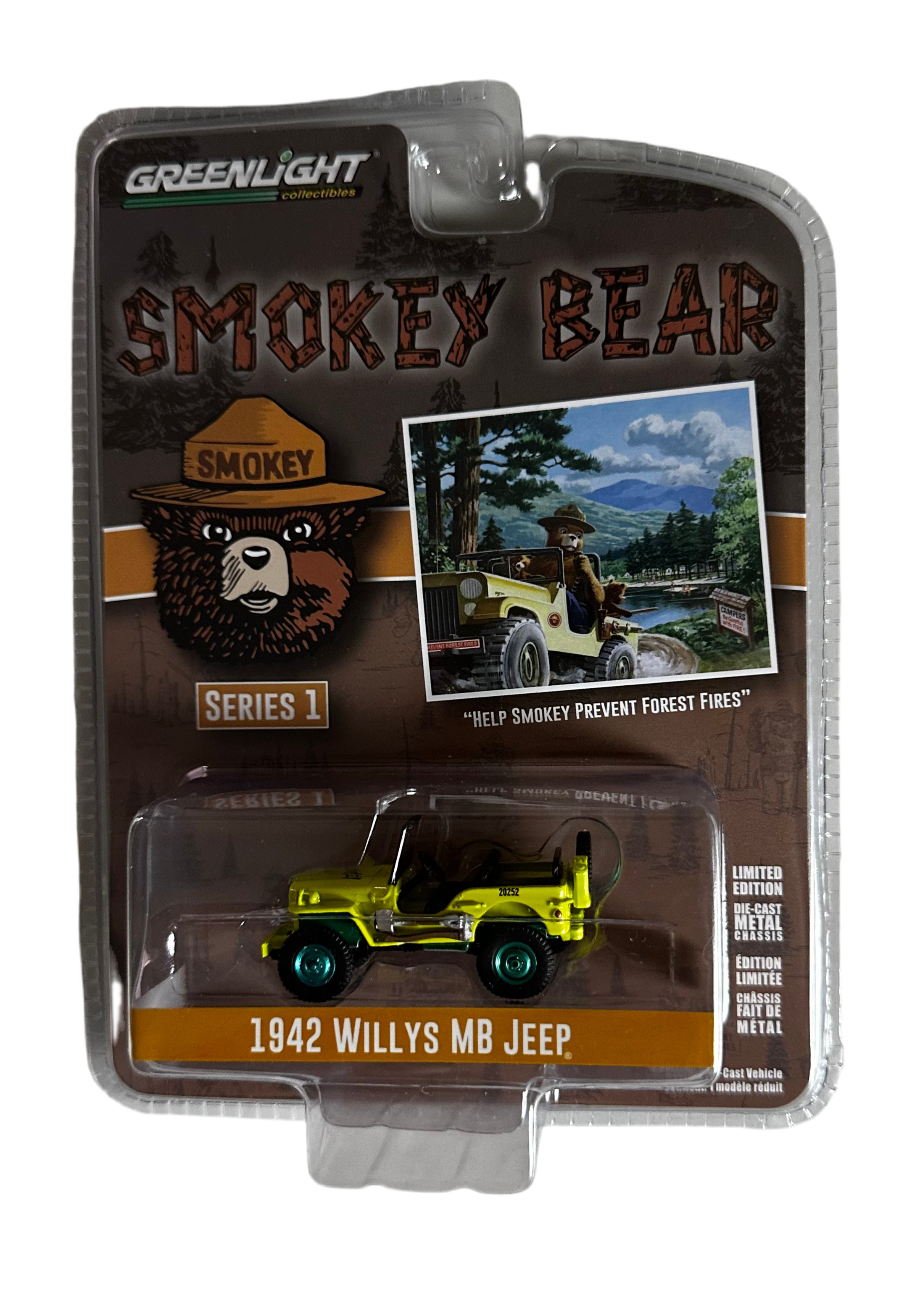 1/64 1942 WILLYS MB JEEP - SMOKEY BEARE “CHASE” (GREEN RIMS VARIATION)