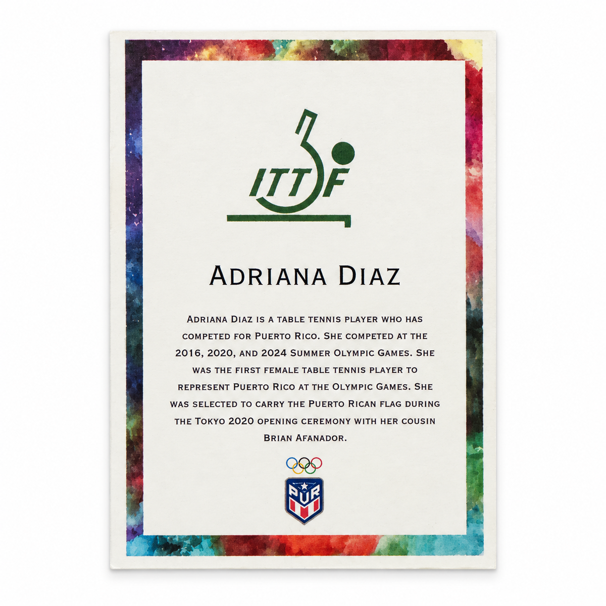 ADRIANA DIAZ TRADING CARD /  TARJETA COLECCIONABLE ADRIANA DIAZ - TENNIS DE MESA
