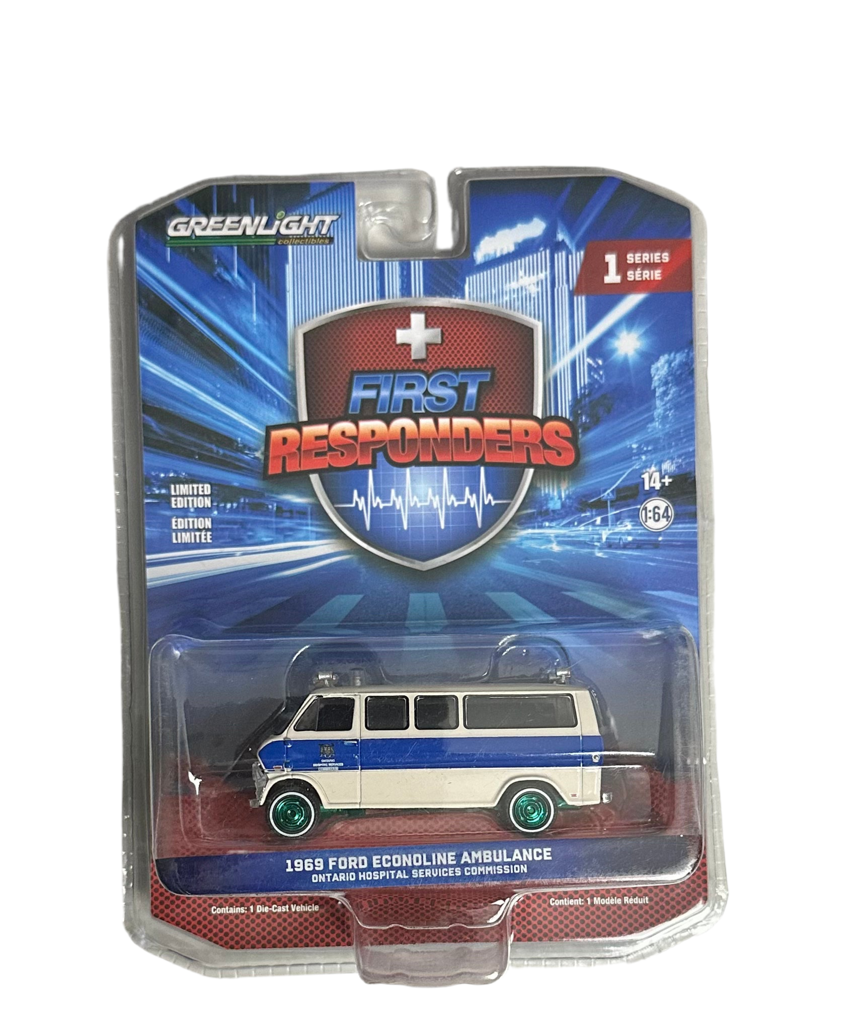 1/64 1969 FORD ECONOLINE AMBULANCE - ONTARIO HOSPITAL SERVICES COMMISSION “CHASE” (GREEN RIMS VARIATION)