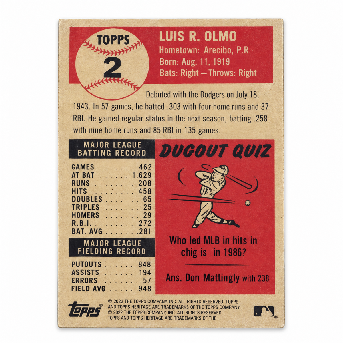 LUIS RODRIGUEZ OLMO BASEBALL TRADING CARD / TARJETA DEPORTIVA LUIS RODRIGUEZ OLMO