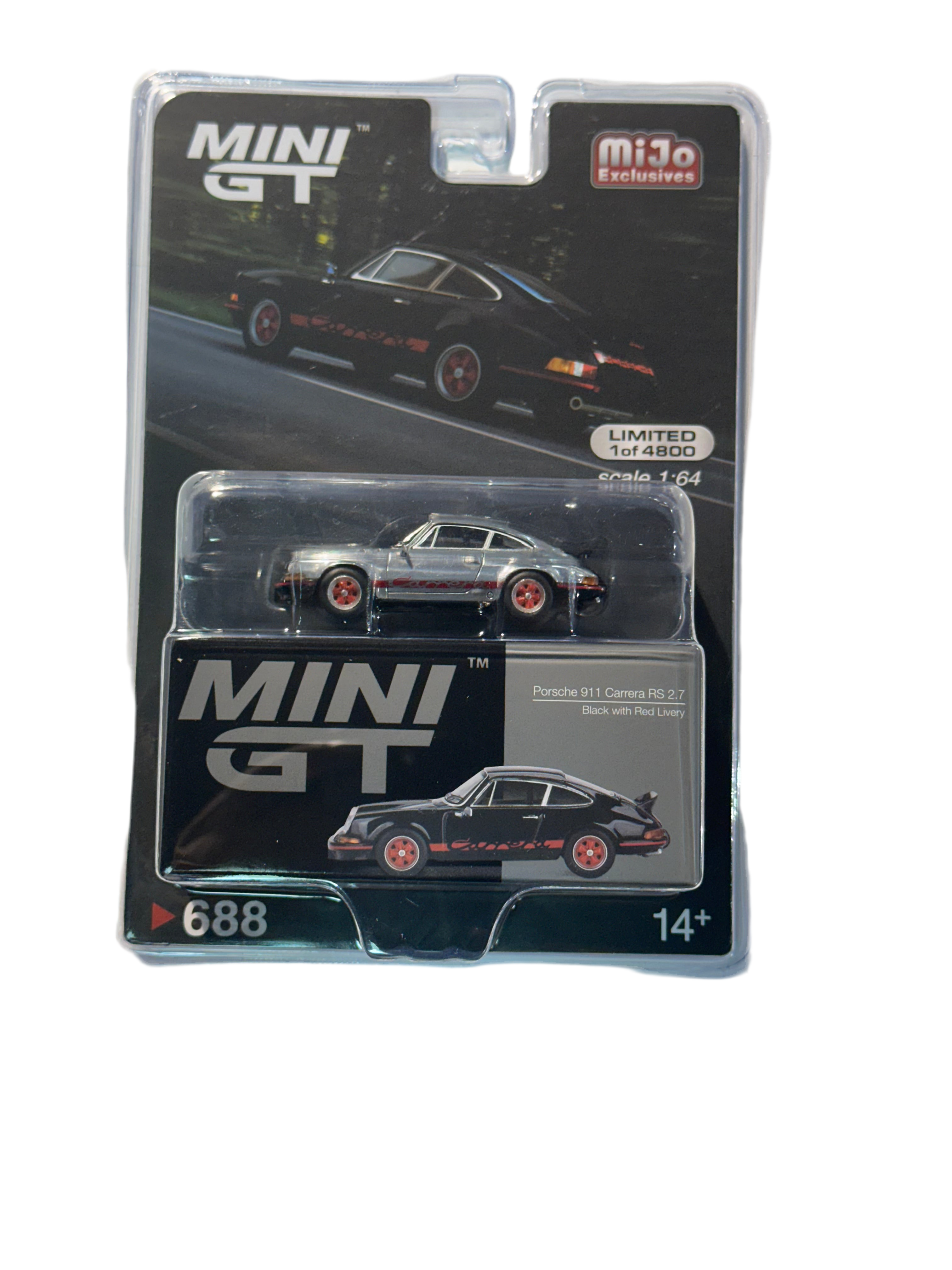 1/64 PORSCHE 911 CARRERA RS 2.7 BLACK WITH RED LIVERY - MINI GT "CHASE" (RAW EDITION)