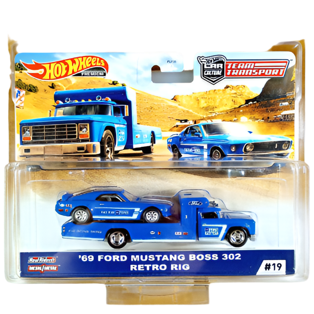 1/64 ‘69 FORD MUSTANG BOSS 302 RETRO RIG HOT WHEELS PREMIUM CAR CULTURE TEAM TRANSPORT #19