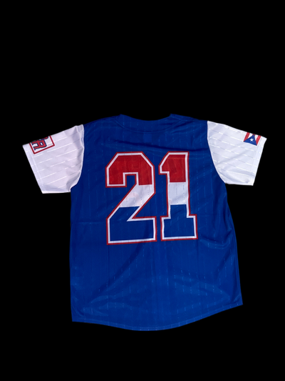 PUERTO RICO BLUE BASEBALL JERSEY ADULT - JERSEY DE PELOTA AZUL DE PUERTO RICO #21 ROBERTO CLEMENTE