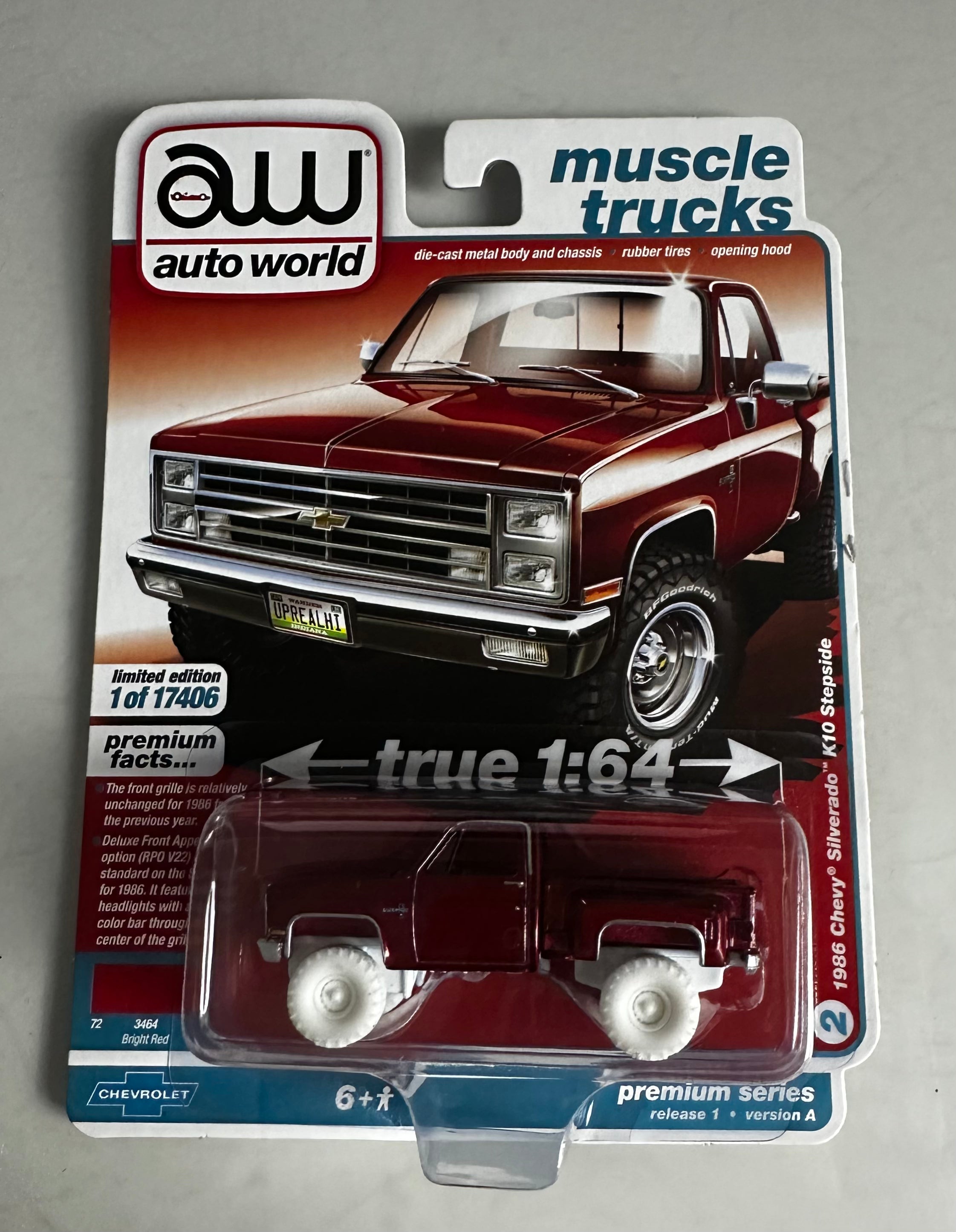 1/64 1986 CHEVY SILVERADO K10 STEPSIDE - MUSCLE TRUCKS “CHASE” (CANDY RED COLOR, WHITE TIRES AND RIMS COLOR VARIATION)