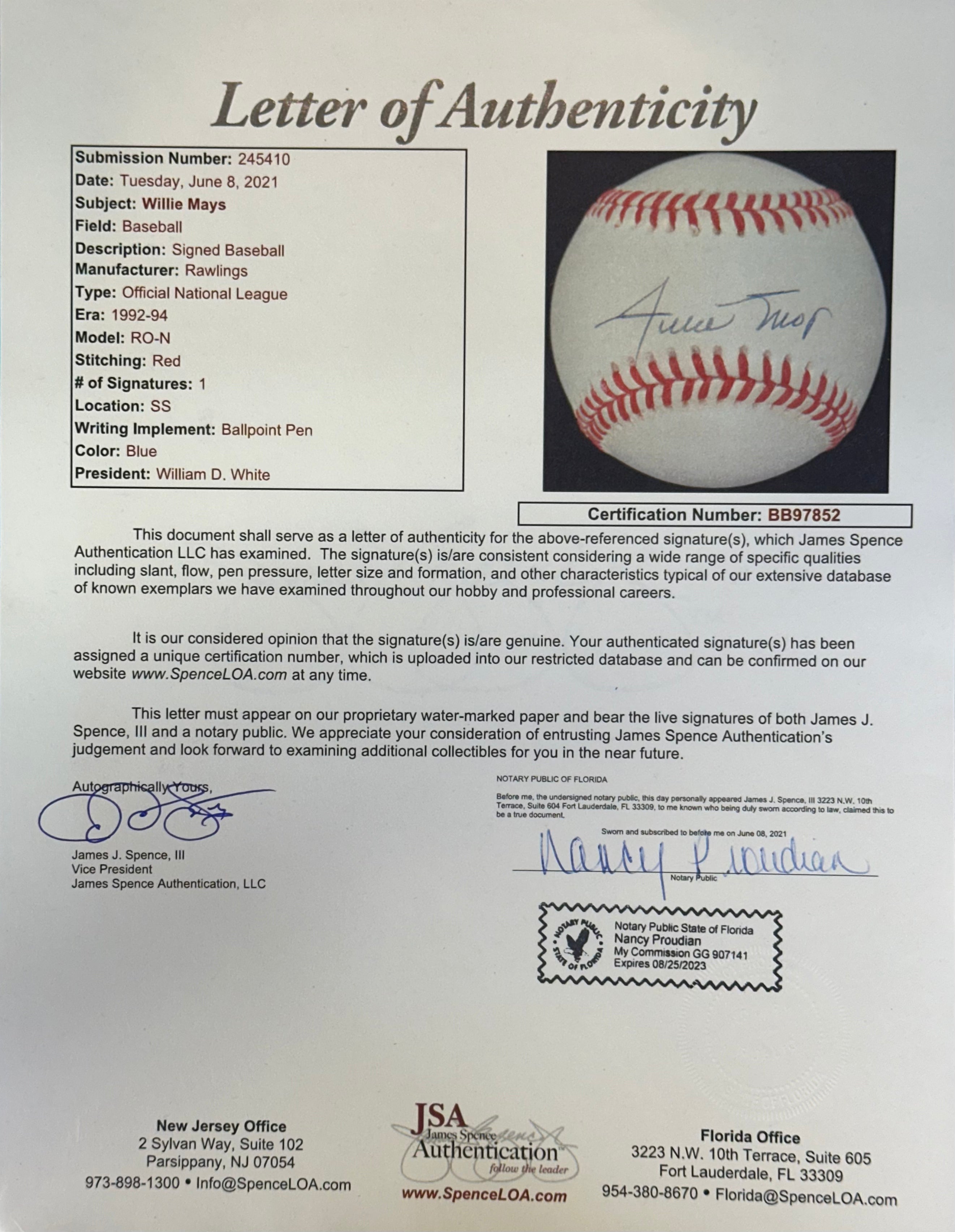 WILLIE MAYS AUTOGRAPH BASEBALL - CERTIFIED BY JSA AUTHENTICATION