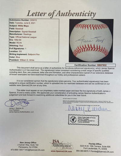 BÉISBOL CON AUTÓGRAFO DE WILLIE MAYS - CERTIFICADO POR AUTENTICACIÓN JSA