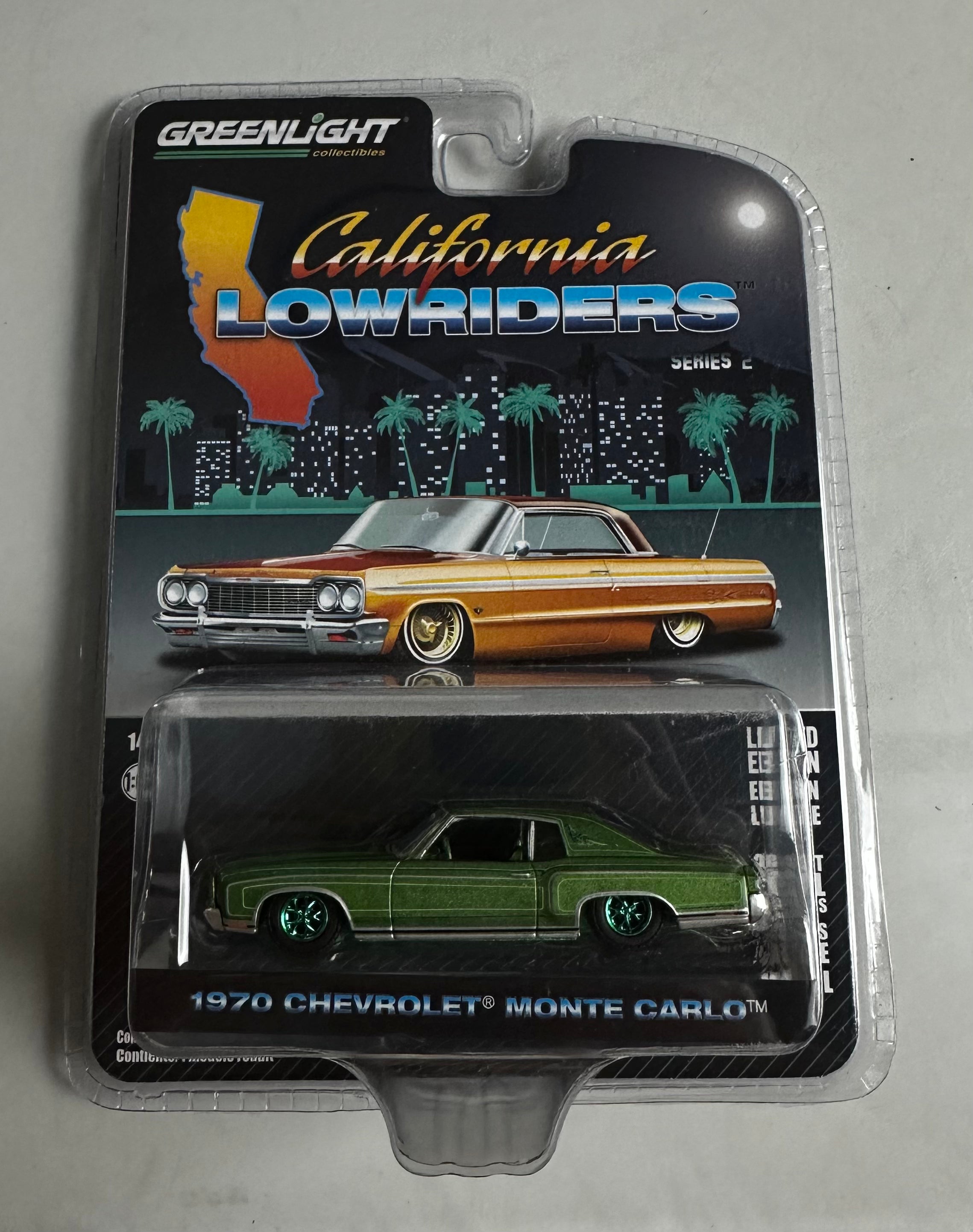 1/64 1970 CHEVROLET MONTE CARLO - CALIFORNIA LOWRIDERS “CHASE” (GREEN RIMS VARIATION)