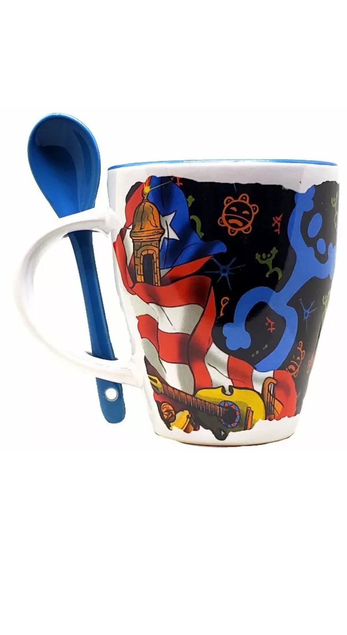 SMALL MUG WITH SPOON - TAINO SIMBOLS -   MINI TAZA CON CUCHARA Y SIMBOLOS TAINOS