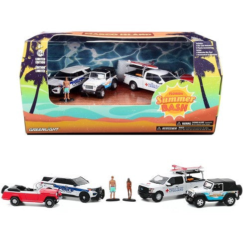 1:64 Florida Summer Bash Set - 2012 Jeep Wrangler, 2020 Ford Police Interceptor Utility, 2016 Ford F-150, 1967 Jeep Jeepster Convertible & 2 Figures