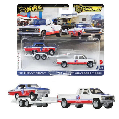 1/64 CHEVY NOVA '63 &amp; CHEVY SILVERADO 3500 '88 - TRANSPORTE DEL EQUIPO 